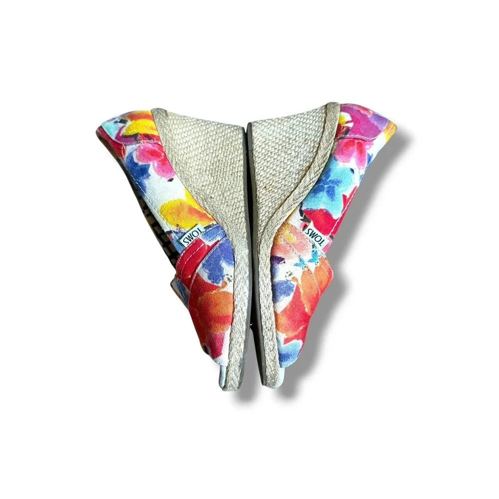 TOMS Floral Espadrille Wedge Sandals Womens‎ 8.5 Multicolor Peep Toe Canvas